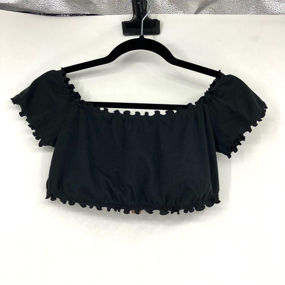 NWT SKIMS Pointelle Logo Crop Top Black Size XL